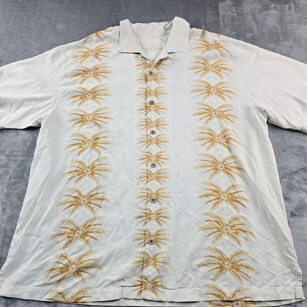 Tommy Bahama Silk Camp Shirt Mens XXL Cream Palm Hula Girl Vacation Aloha Resort
